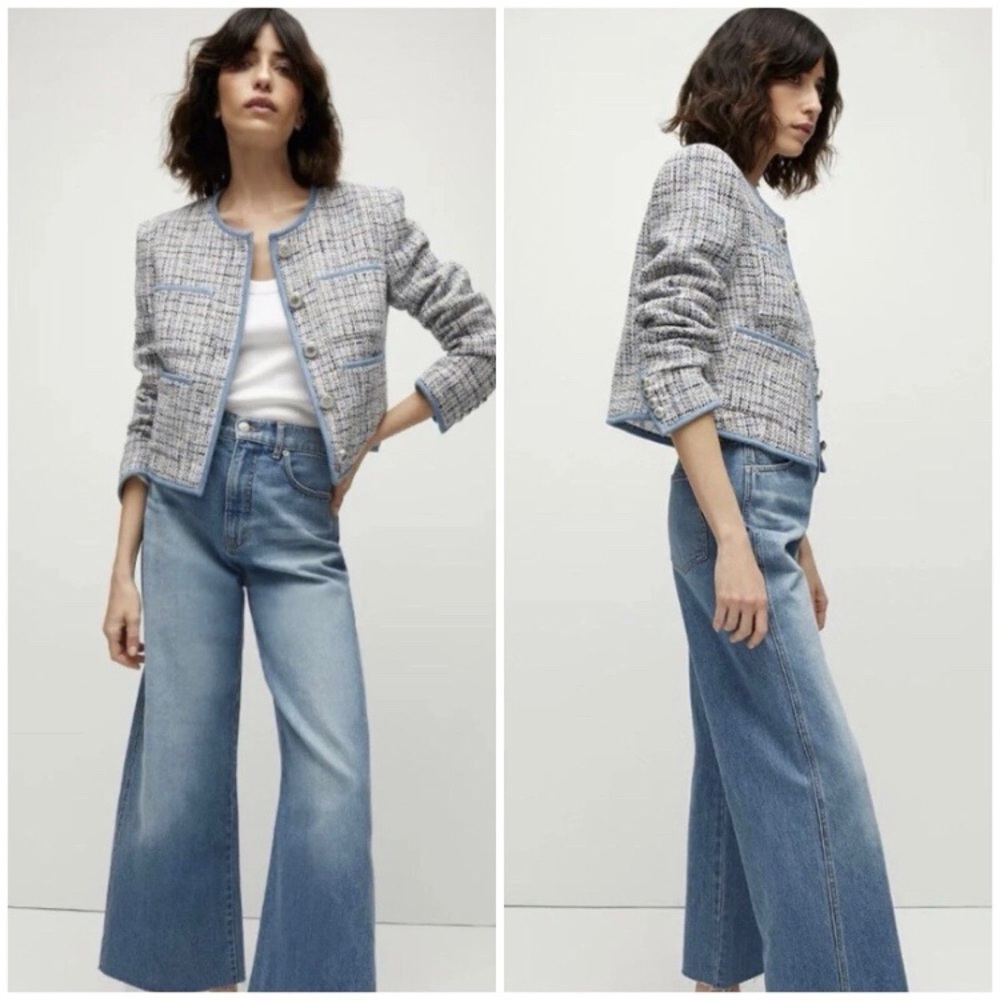 $698 Veronica Beard Darla Blue Metallic Plaid Tweed Cropped Jacket Blazer Size 4